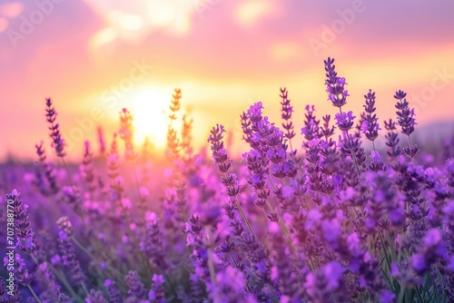 Amidst the golden rays of a summer sunrise, delicate violet flowers sway gracefully in the gentle breeze, creating a picturesque landscape of purple hues in the open field © ChaoticMind