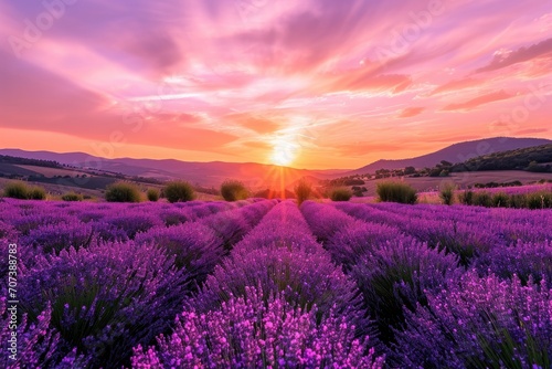 A breathtaking landscape of purple hues fills the sky as the sun sets behind a majestic mountain  casting a warm glow over a vast field of lavender  creating a serene and peaceful outdoor scene