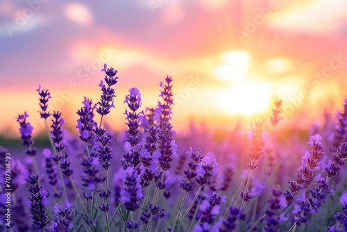 Vibrant lavender fields embrace the beauty of nature  as the sky s hues of violet and pink dance in the backdrop of a peaceful sunrise