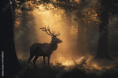 Amidst the misty forest  a majestic deer with antlers silhouetted against the sunset stands in tranquil solitude  embodying the wild spirit of nature