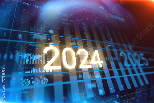 New 2024 year digits with reflection. Concept of new year, annual plan, growth strategy, business planning, investment trends and strategy road map.