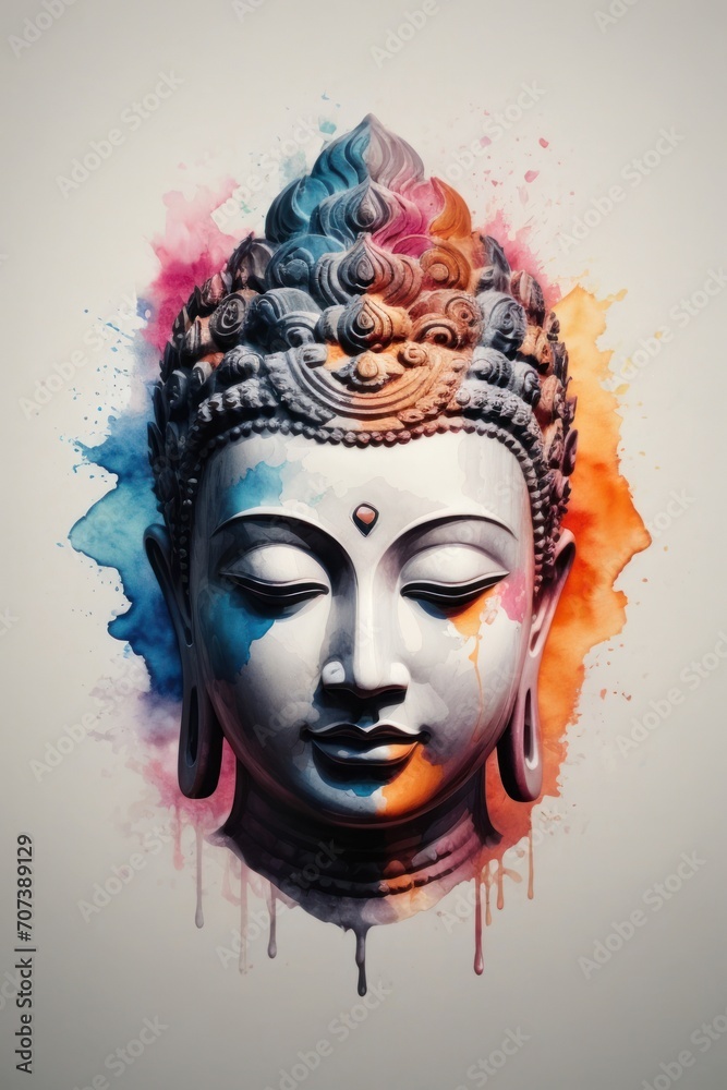Illustration, watercolor logo of Buddha's face combined with vintage paper.