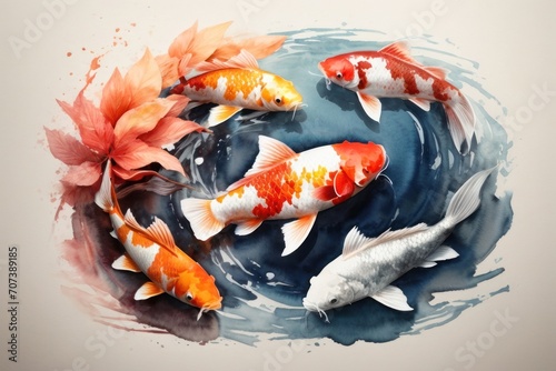 Illustration, watercolor logo design of a cute koi fish combined with vintage paper.