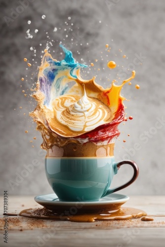 Illustration,coffee cup with colorful splash and vintage paper