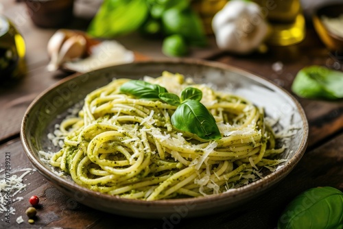 Italian vegetarian dish with spaghetti basil Parmesan cheese and pesto