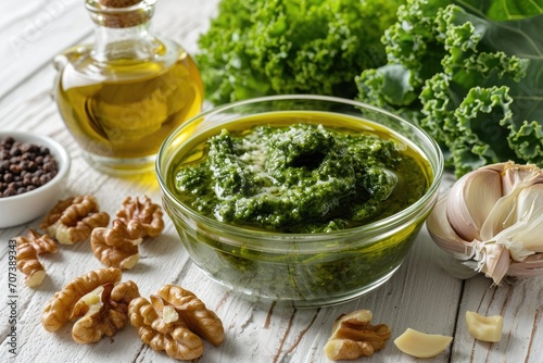 Kale pesto with basic ingredients displayed in a glass bowl on a wooden surface