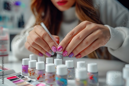 Concept of nail art. Woman gives herself a manicure on a white table