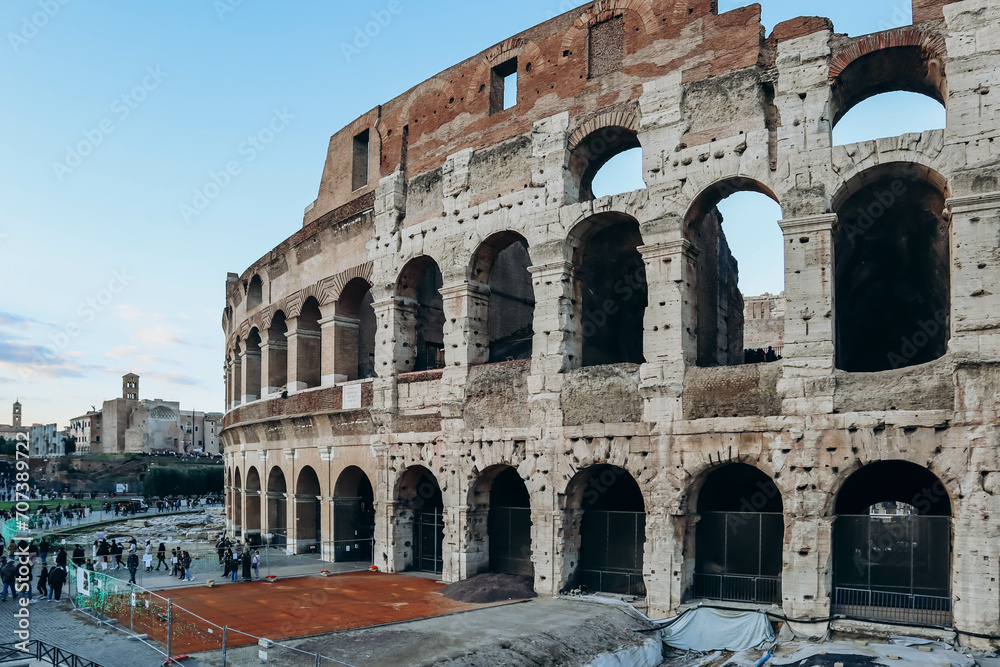 Rome, Italy - 27.12.2023: Colosseum, an elliptical amphitheatre in the centre of the city of Rome, Italy