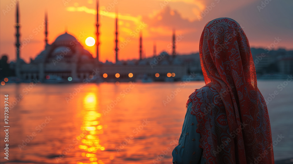 Obraz premium At sunset in Istanbul, a woman in a headscarf is watching the mosque scenery