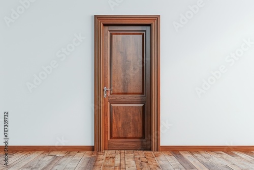 Modern looking wooden texture on clean surface of closed wooden door and interior of empty room in house building with white gray walls and wooden or laminate f