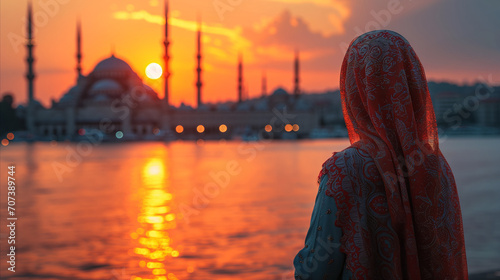 Foto At sunset in Istanbul, a woman in a headscarf is watching the mosque scenery