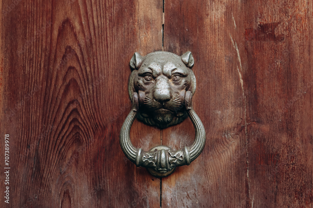 Beautiful door handle on an antique wooden door in Rome