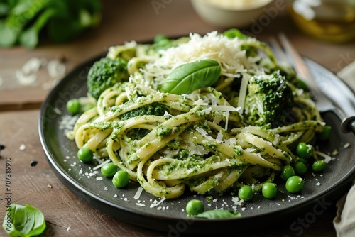 Nutritious dish pasta with pesto sauce broccoli and Parmesan