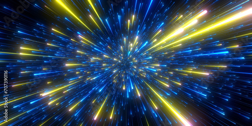 Abstract background in blue and yellow neon glow color. Speed of light in galaxy. Explosion in universe. Space background for event, party, carnival, celebration, anniversary or other. 3D rendering.