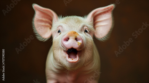 A small, pink pig with a dirty snout smiles against a dark background.