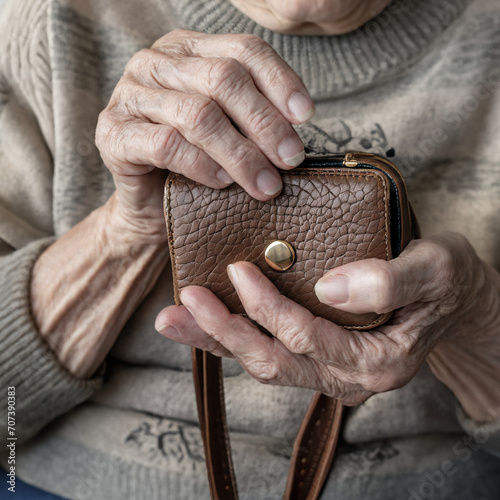 Eine ältere Frau umfaßt ihr Portemonnaie (Konzept Altersarmut)