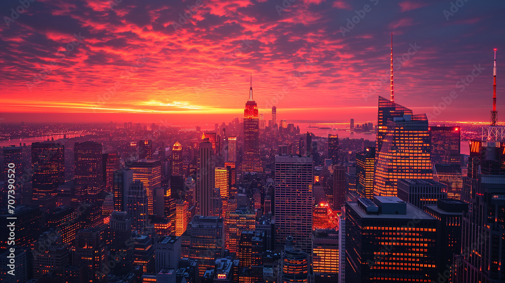 An urban landscape of New York City at sunset, with a red and orange sky and the city lights coming on