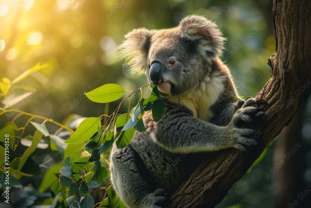 Fototapeta premium Cute koala eating on tree branch in the forest