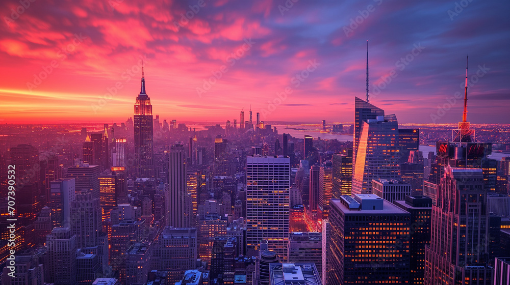 An urban landscape of New York City at sunset, with a red and orange sky and the city lights coming on