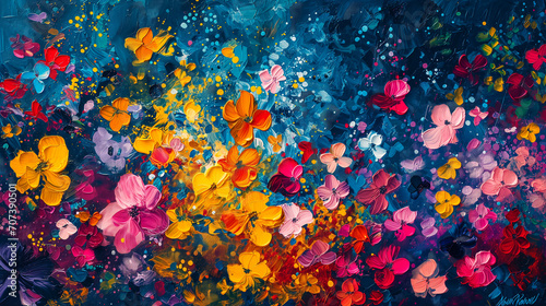 Colorful Abstract Floral Painting Capturing an Explosion of Blossoms in Vivid Hues © Nelson