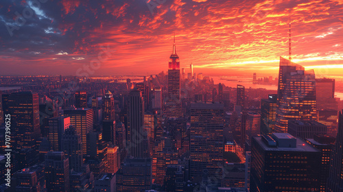 An urban landscape of New York City at sunset  with a red and orange sky and the city lights coming on