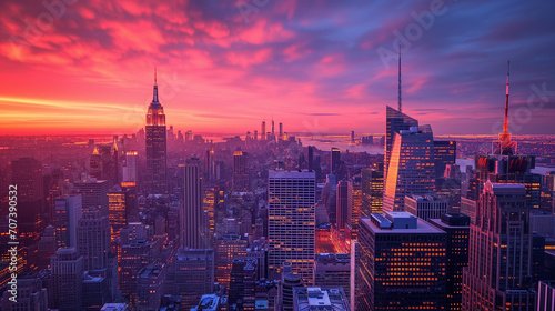 An urban landscape of New York City at sunset, with a red and orange sky and the city lights coming on © gabriele