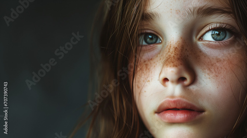 Close-up portrait of a serious girl model with freckles.