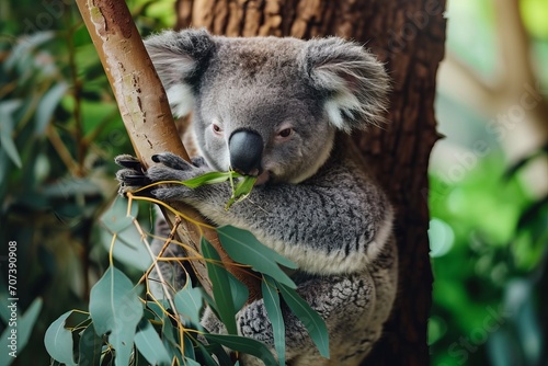 Cute koala eating on tree branch in the forest © Dina