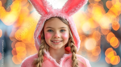 A girl wearing a pink rabbit costume