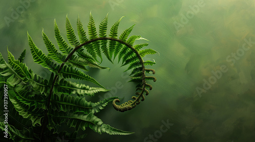Twisted branch of a fern plant on a green background.