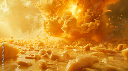 A powerful, bright explosion of hot, melted cheese with flying pieces on a yellow background. photo