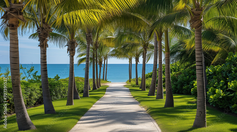 Scenic Pathway Lined With Palm Trees Leading to the Ocean