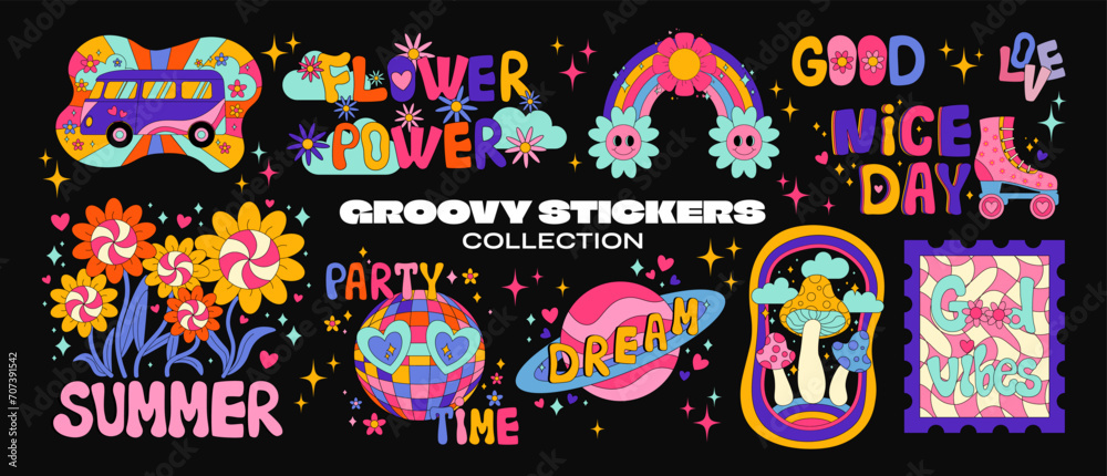 Retro 70s hippie stickers, psychedelic groovy elements. Funky cartoon mushrooms, rollers, rainbow, vintage set of vector elements in vintage style. stickers vinyl, sun, flowers