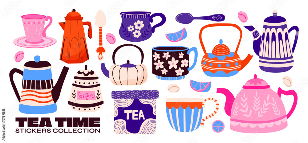 Cartoon teapots and cups, set for tea drinking. Kitchenware, dishes with ornaments. Groovy doodle style, kitchen stickers, decorative teapot. Cartoon teapots and cups, set for tea drinking. Kitchenware, dishes with ornaments. Groovy doodle style, kitchen stickers, decorative teapot.