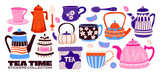 Cartoon teapots and cups, set for tea drinking. Kitchenware, dishes with ornaments. Groovy doodle style, kitchen stickers, decorative teapot.