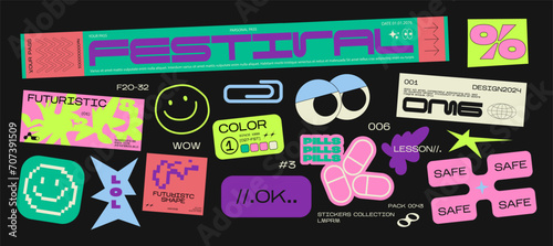 Collection of various patches, labels, tags, stickers, brands of bracelets for the festival. thanks, hi, yes. funky hipster retrowave stickers with 90s style. Vector set, trendy promo labels