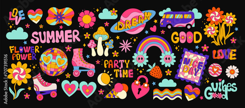 Retro 70s hippie stickers, psychedelic groovy elements. Funky cartoon mushrooms, rollers, rainbow, vintage set of vector elements in vintage style. stickers vinyl, sun, flowers