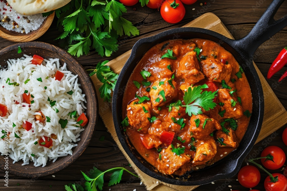 Spicy Asian meat dish served with rice tomatoes and parsley on a wooden background Spicy Asian meat dish served with rice tomatoes and parsley on a wooden background