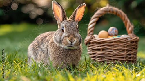 A rabbit standing next to a basket with colorful eggs in the meadows.