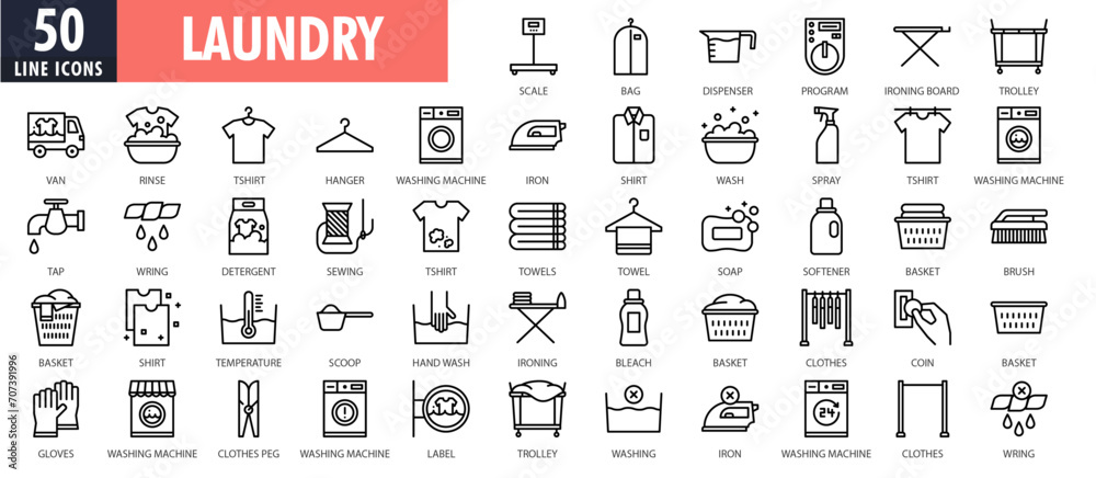 Laundry line icons set. outline line icons collection. Set included outline icons like Washer, Detergent, Clean, Machine, Dryer, Shirt, Iron, Hanger, Clothes, Softener. - obrazy, fototapety, plakaty 