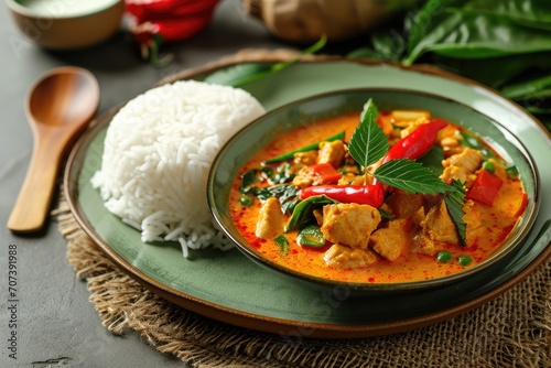 Thai red curry chicken with stream rice panang on a green plate against a grey background Focus is selective photo