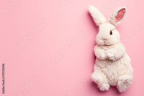 Top view of a white toy rabbit on a pink background with space for copy Easter theme photo
