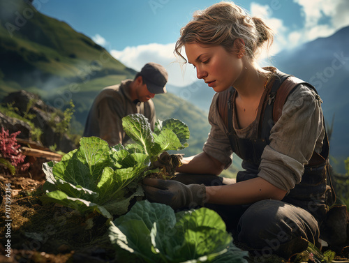 Permacultura, personas cuidando sus huertos ecológicos de una manera respetuosa con el medio ambiente  photo