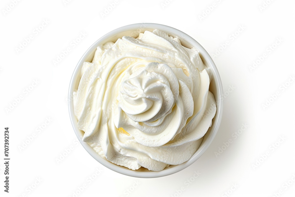 Whipped cream bowl isolated on white background top view Whipped cream bowl isolated on white background top view