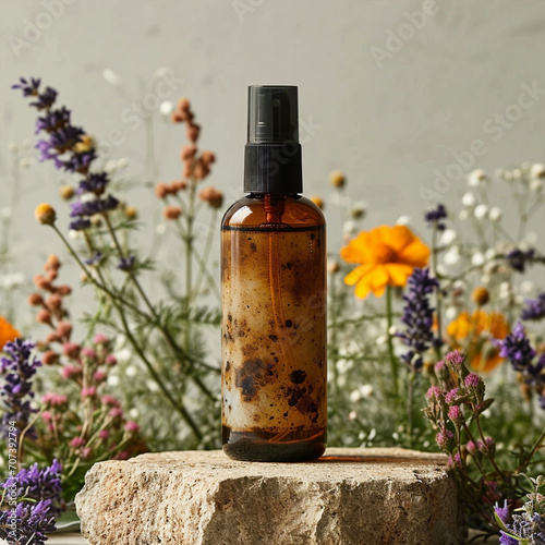 Herbal stand complements your spray bottle's natural appeal.