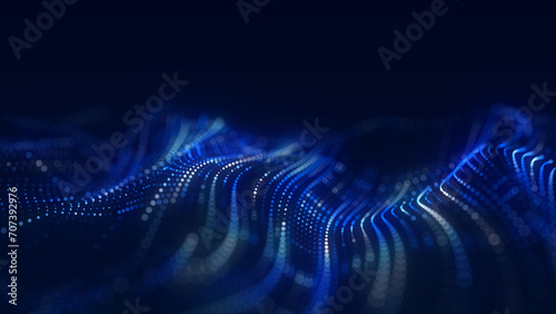 Dynamic blue wave of particles. Abstract futuristic background. Big data visualization. 3D rendering.