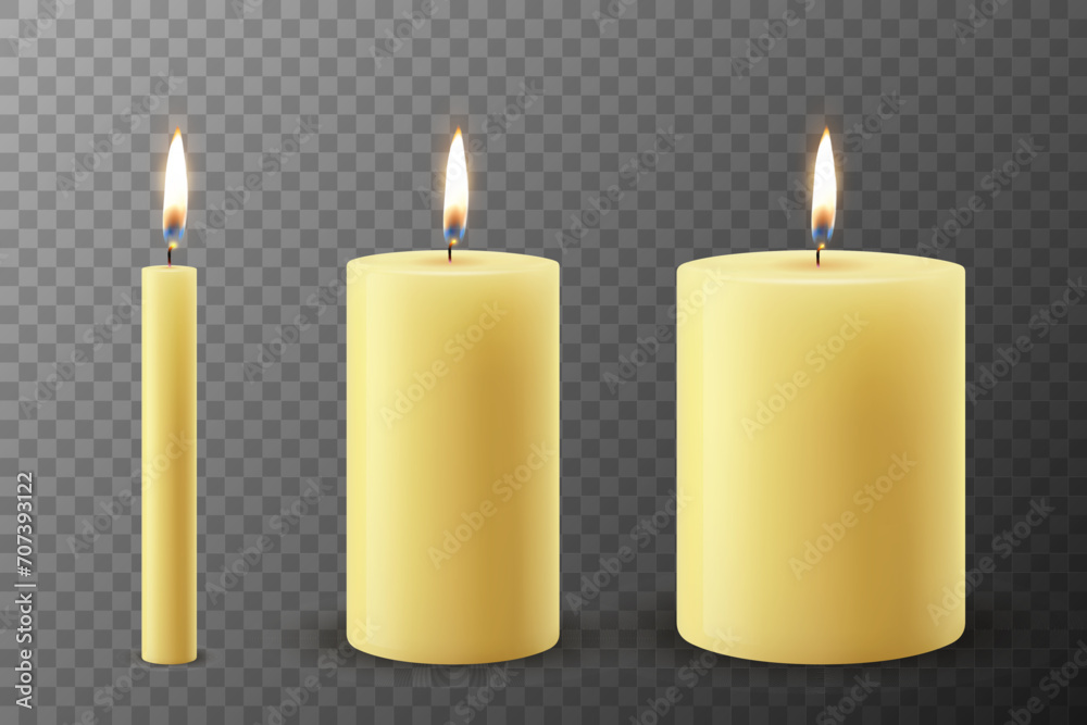 Vector 3d Realistic Paraffin or Wax Burning Party, Spa Candles Set with Flame of a Candle, Isolated. Candle Design Template, Front View