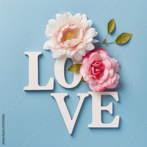 Valentines day concept with love letters and flowers on blue pastel background.	