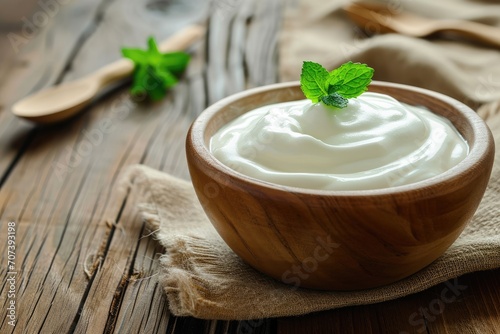 Yogurt or sour cream in wooden dish