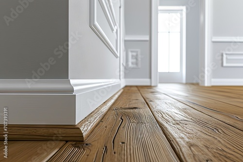 Wooden floor complemented by white walls and skirting photo